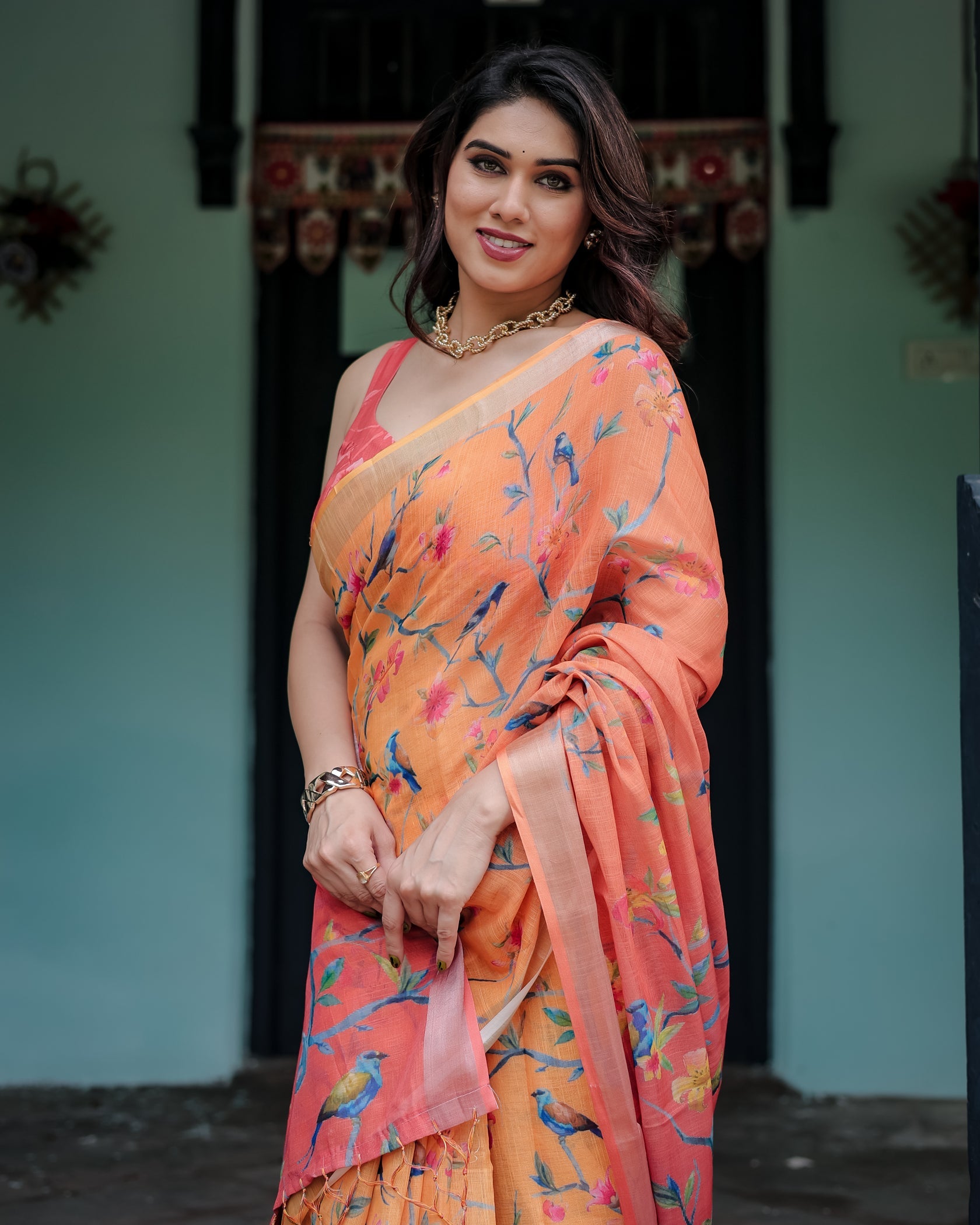 Rustic Bloom Printed Linen Saree in Peach Orange with Contrast Pallu