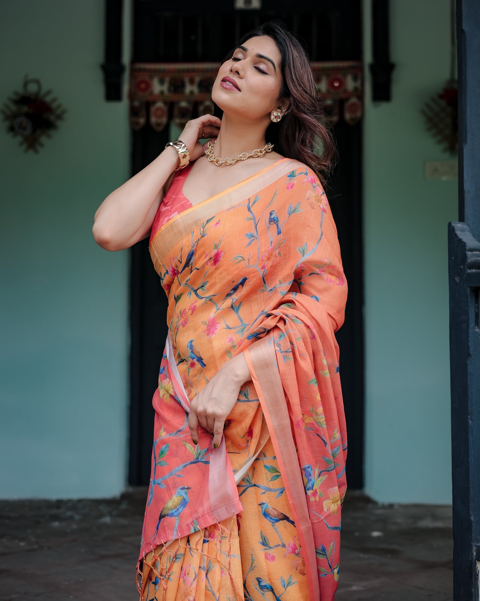 Rustic Bloom Printed Linen Saree in Peach Orange with Contrast Pallu