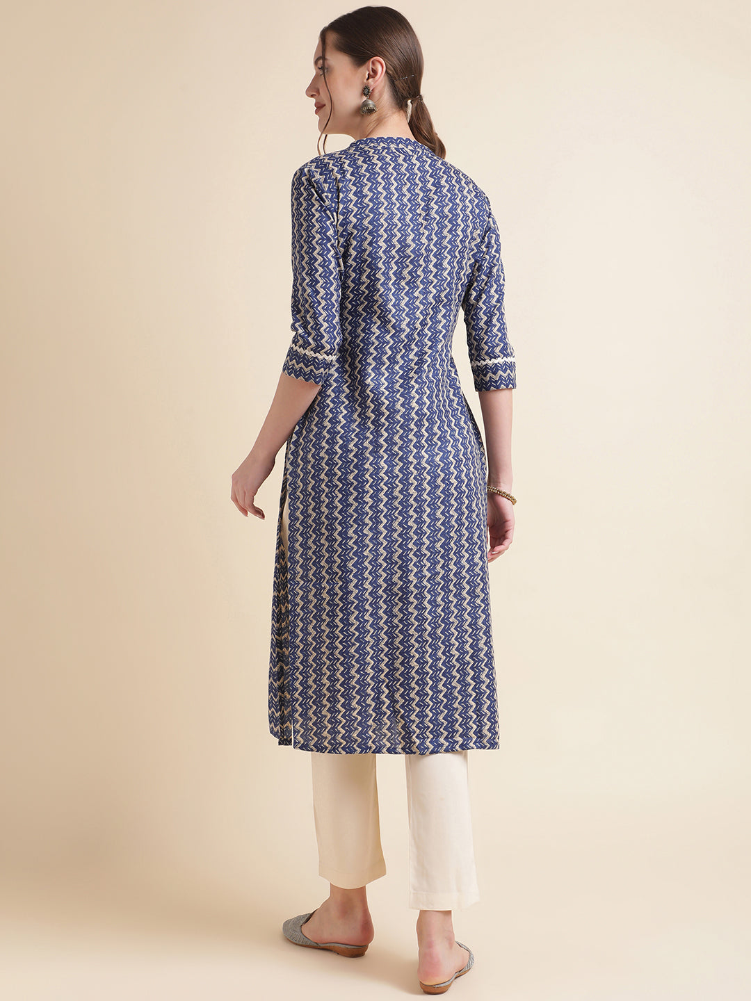 Navy Blue & Beige Geometric Print A-Line Kurta with Lace Inserts and Cream Trousers