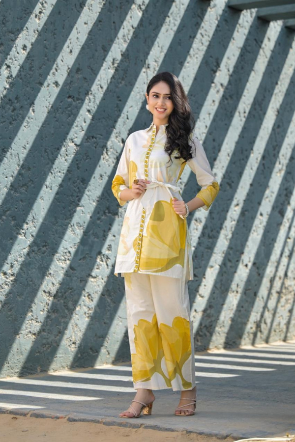 Lemon Zest and White Printed Indo-Western Co-Ord Set