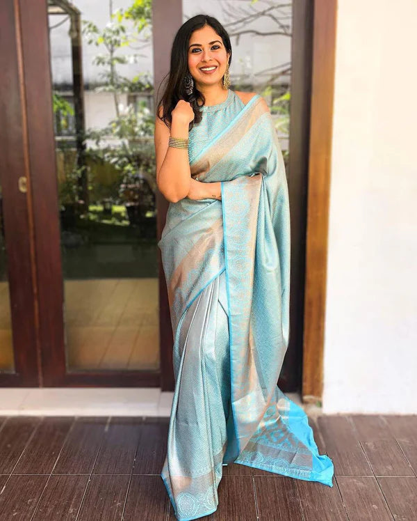 Sky Blue Woven Silk Blend Saree with Beige Floral Pallu and Contrast Border