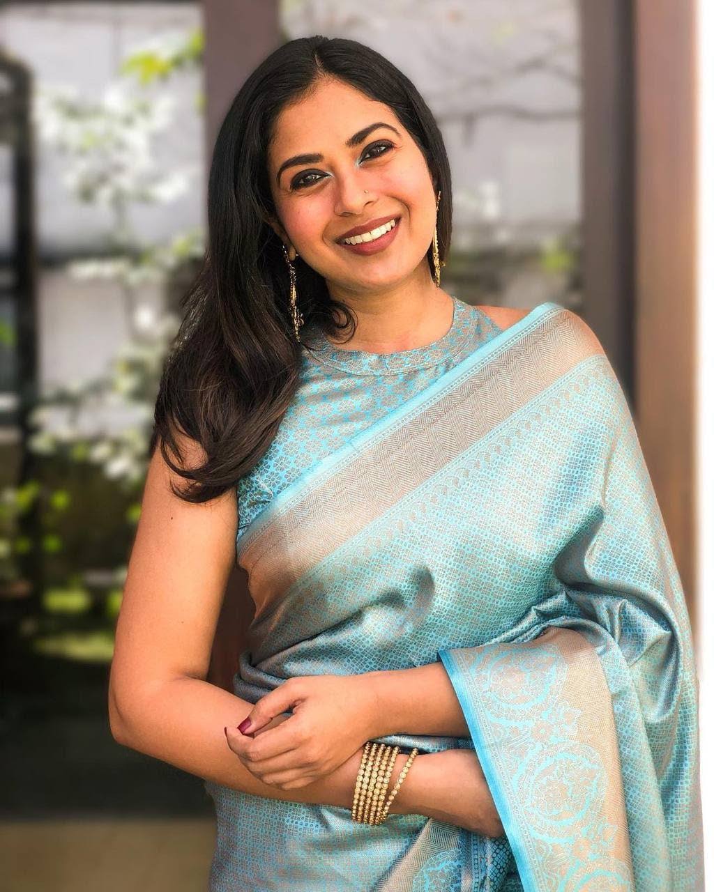 Sky Blue Woven Silk Blend Saree with Beige Floral Pallu and Contrast Border