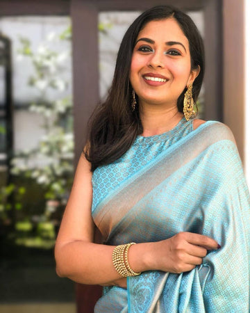 Sky Blue Woven Silk Blend Saree with Beige Floral Pallu and Contrast Border