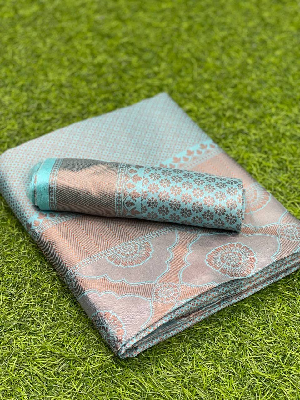 Sky Blue Woven Silk Blend Saree with Beige Floral Pallu and Contrast Border