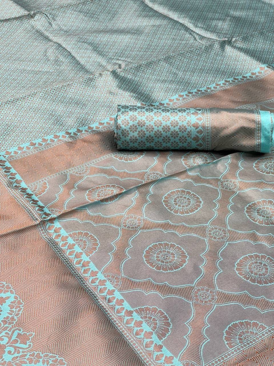 Sky Blue Woven Silk Blend Saree with Beige Floral Pallu and Contrast Border