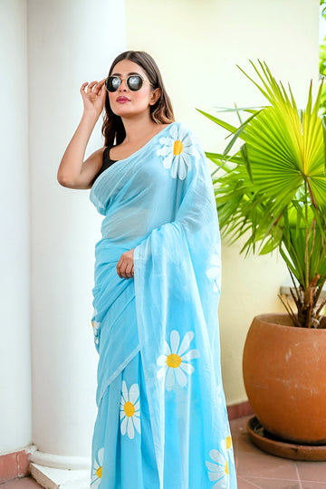 Sky Blue Daisy Print Saree – Soft Summer Floral Elegance