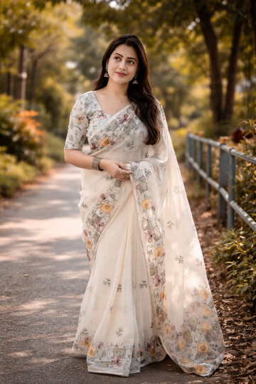 Soft Ivory Linen Saree with Pastel Floral Border