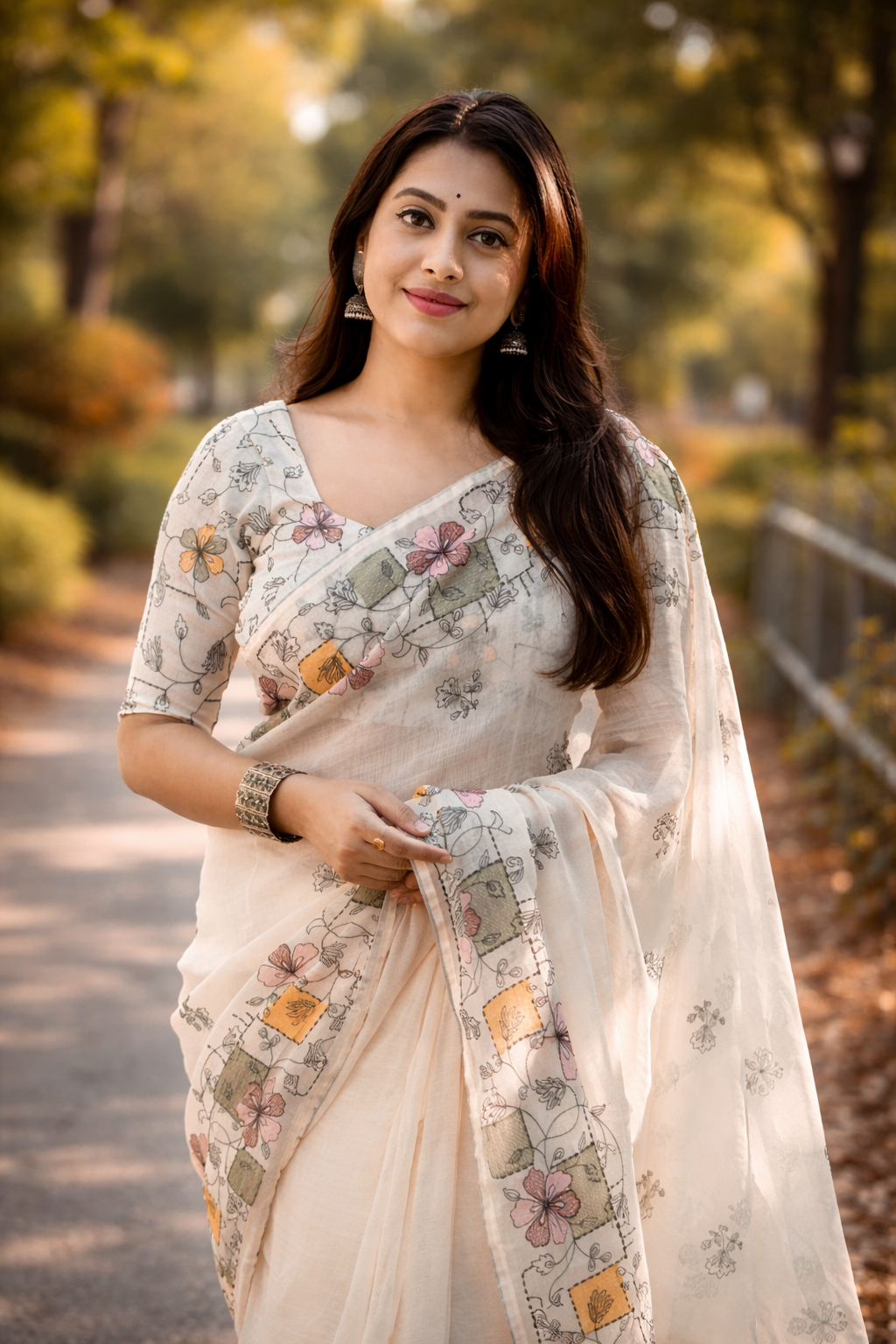 Soft Ivory Linen Saree with Pastel Floral Border