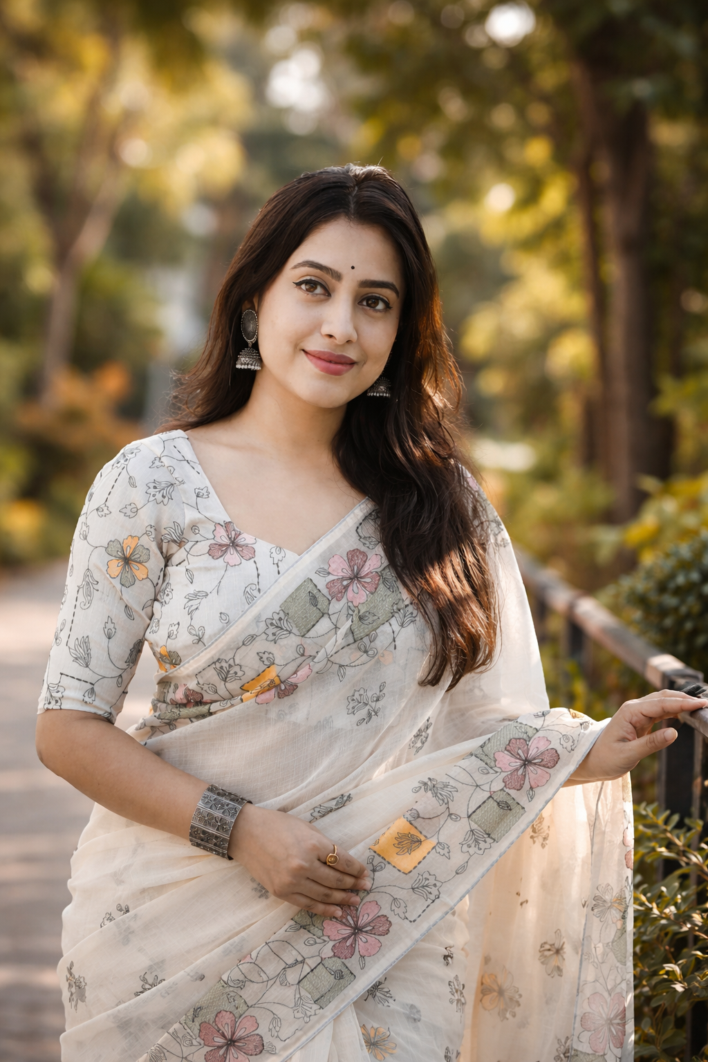Soft Ivory Linen Saree with Pastel Floral Border