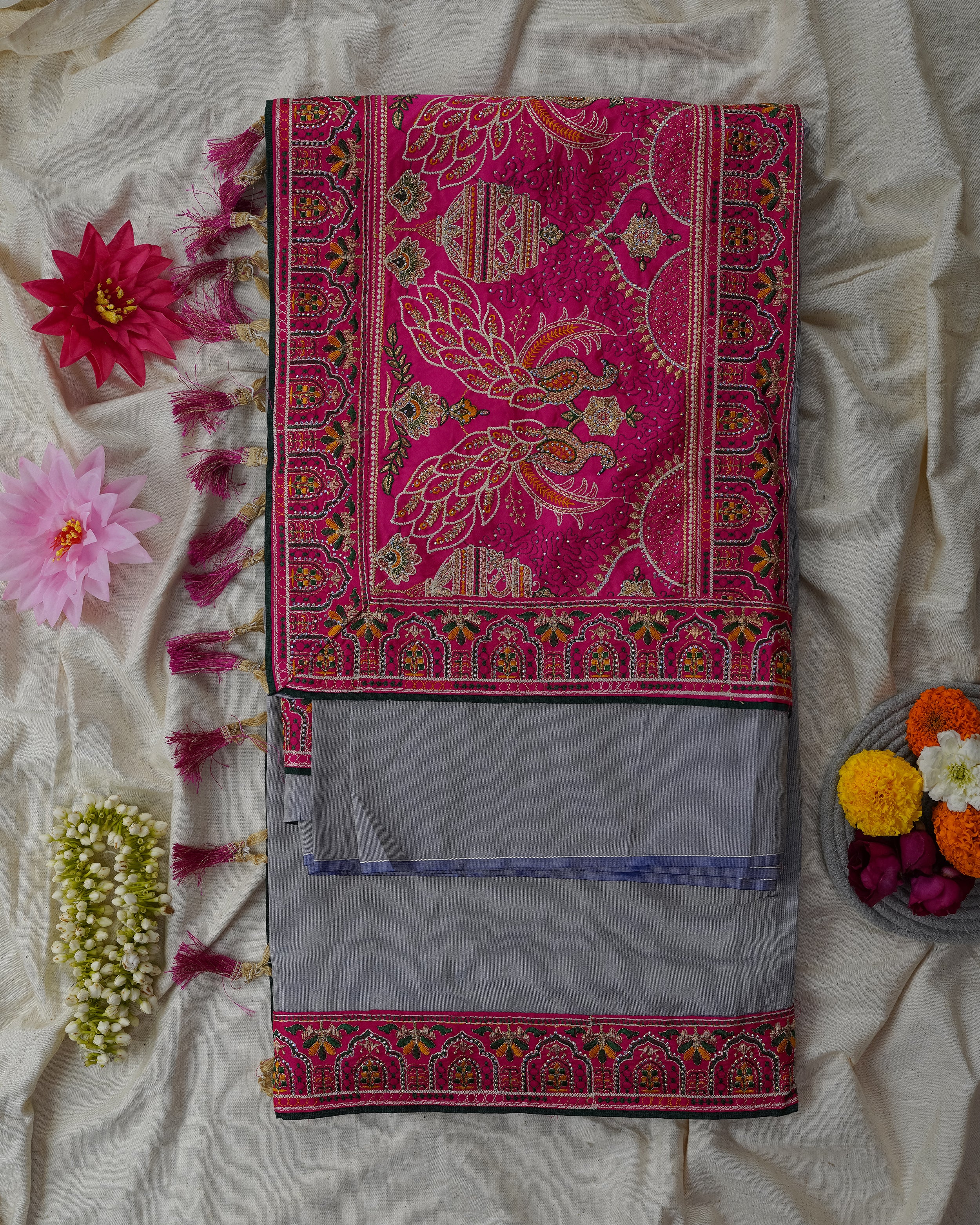 Traditional Saree with Green Peacock Pallu & Embroidered Border