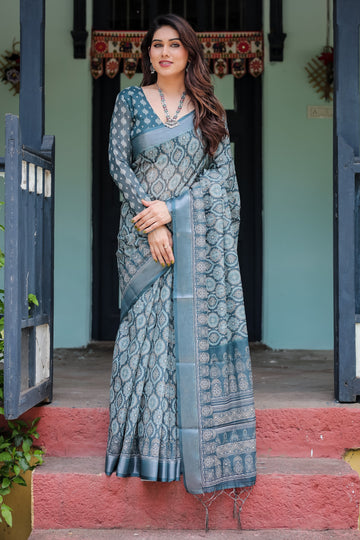 Sophisticated Grey Ethnic Motif Linen Cotton Saree