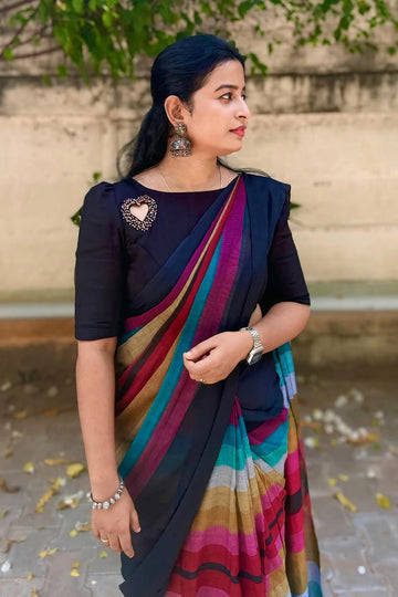 Elegant Black Linen Cotton Saree with Multicolor Stripe Border