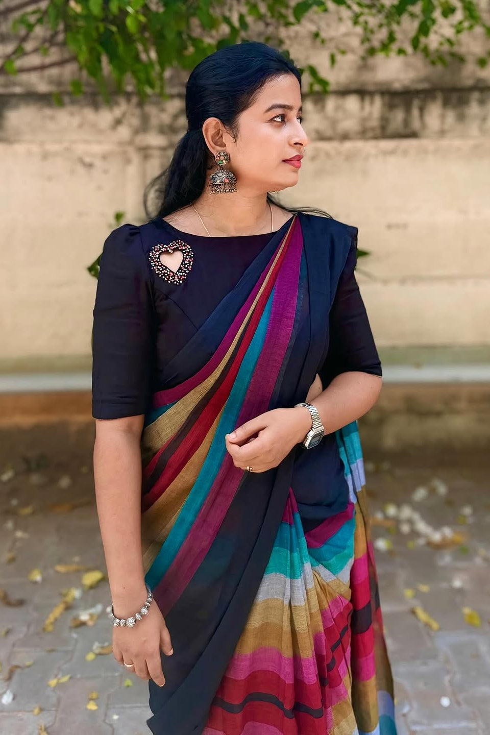 Elegant Black Linen Cotton Saree with Multicolor Stripe Border