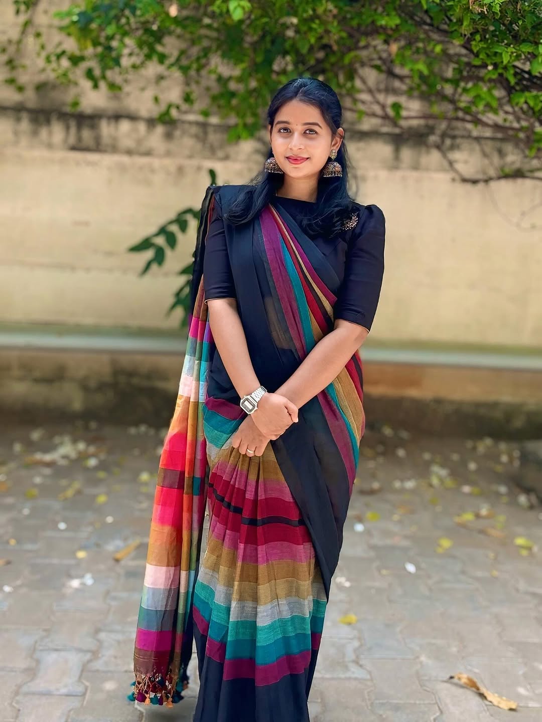 Elegant Black Linen Cotton Saree with Multicolor Stripe Border