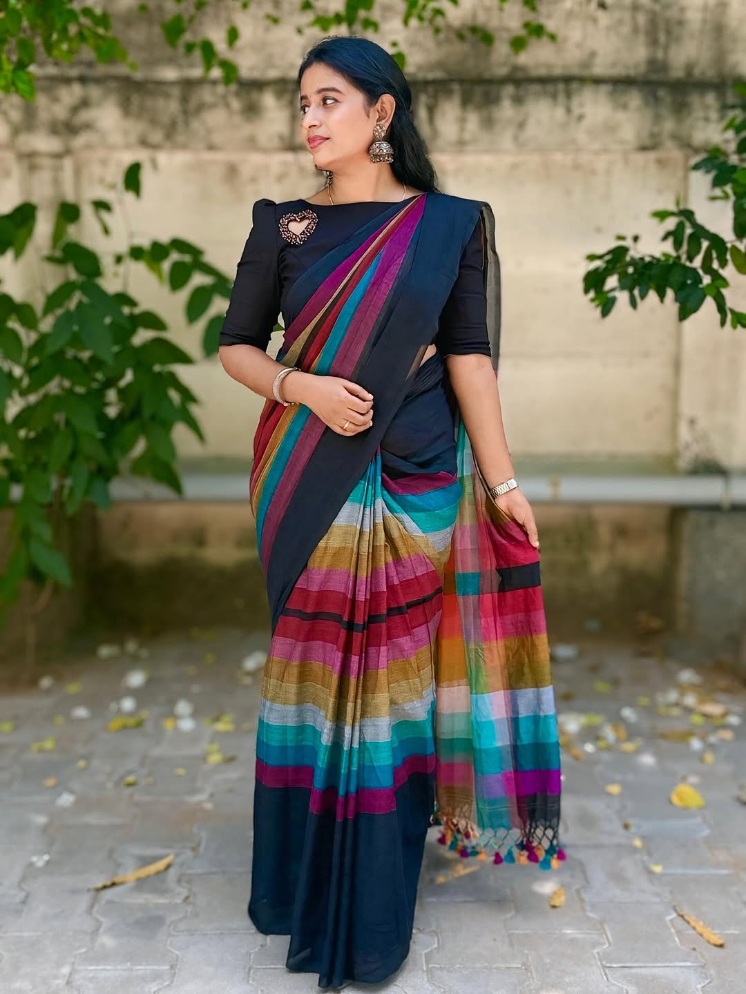 Elegant Black Linen Cotton Saree with Multicolor Stripe Border