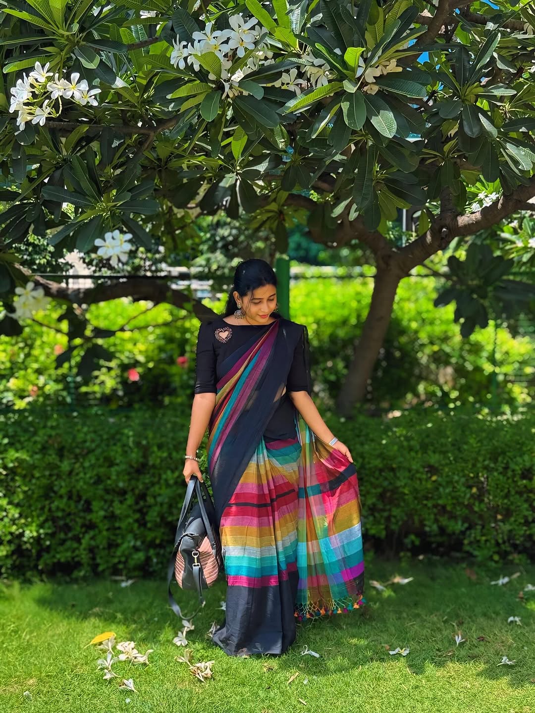 Elegant Black Linen Cotton Saree with Multicolor Stripe Border