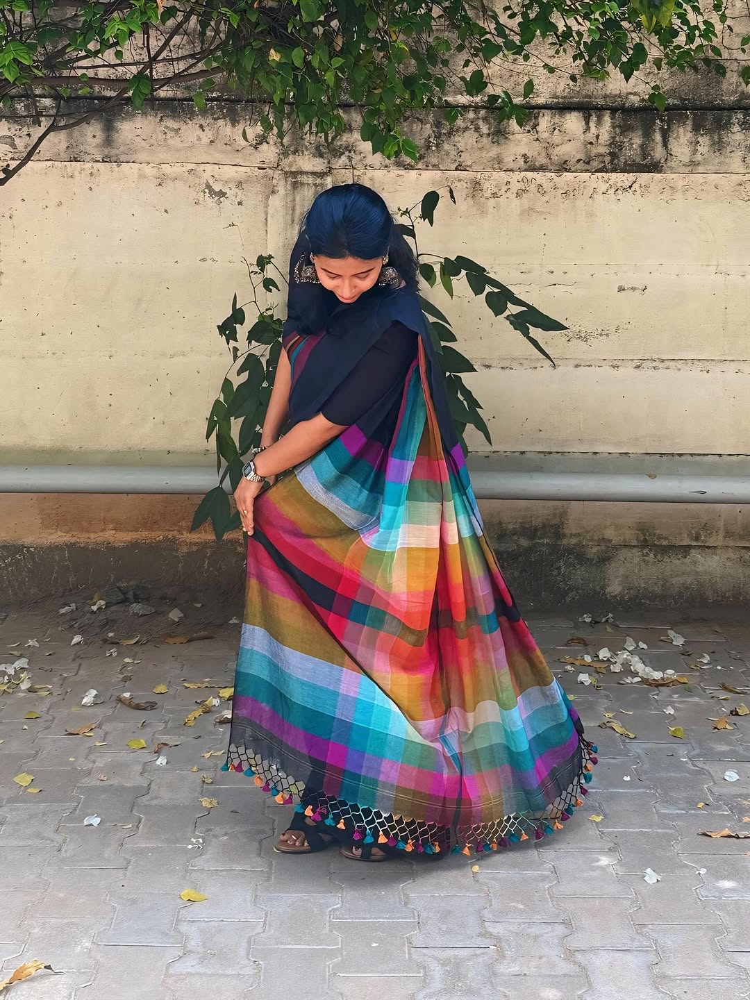 Elegant Black Linen Cotton Saree with Multicolor Stripe Border