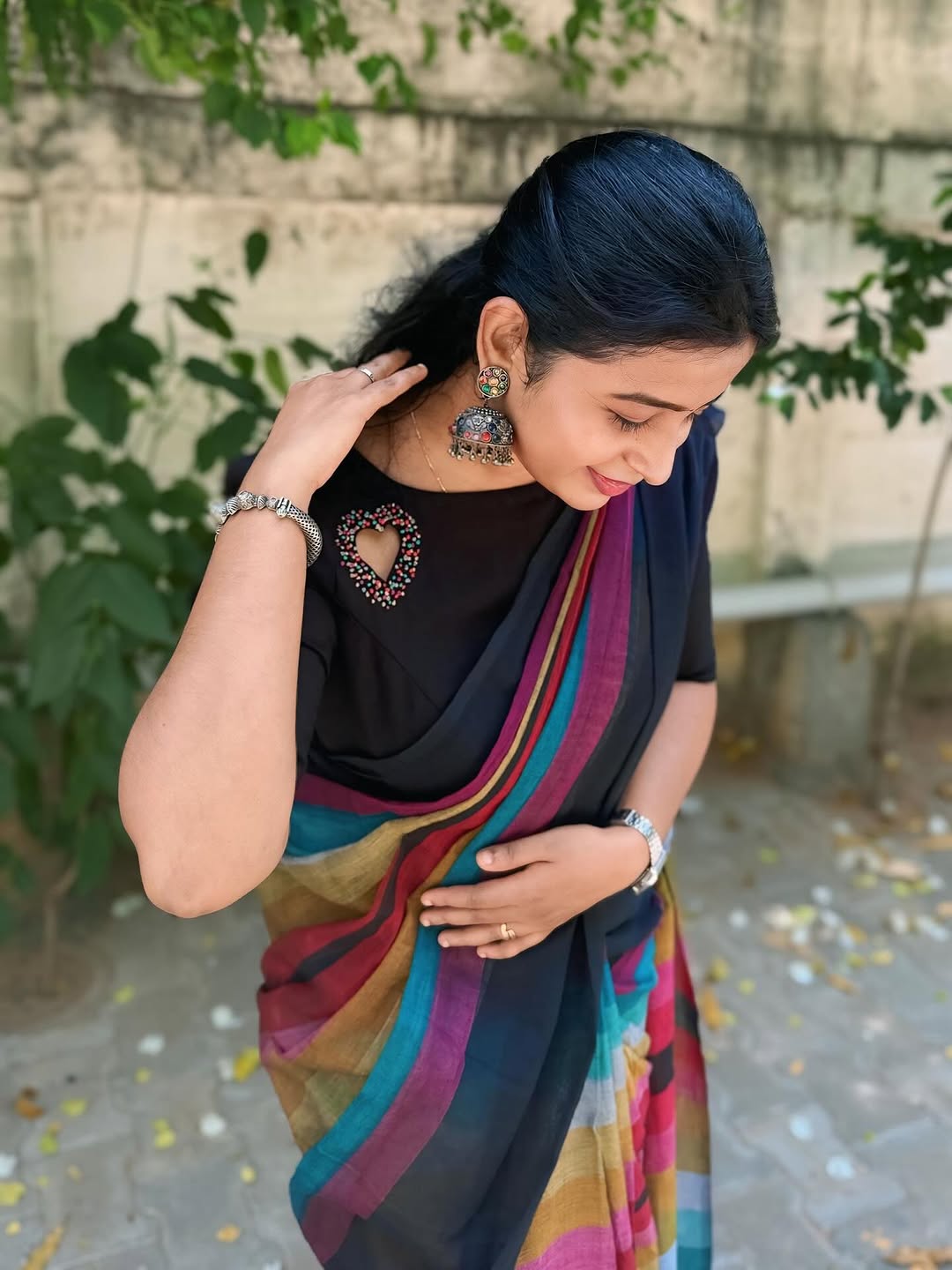 Elegant Black Linen Cotton Saree with Multicolor Stripe Border