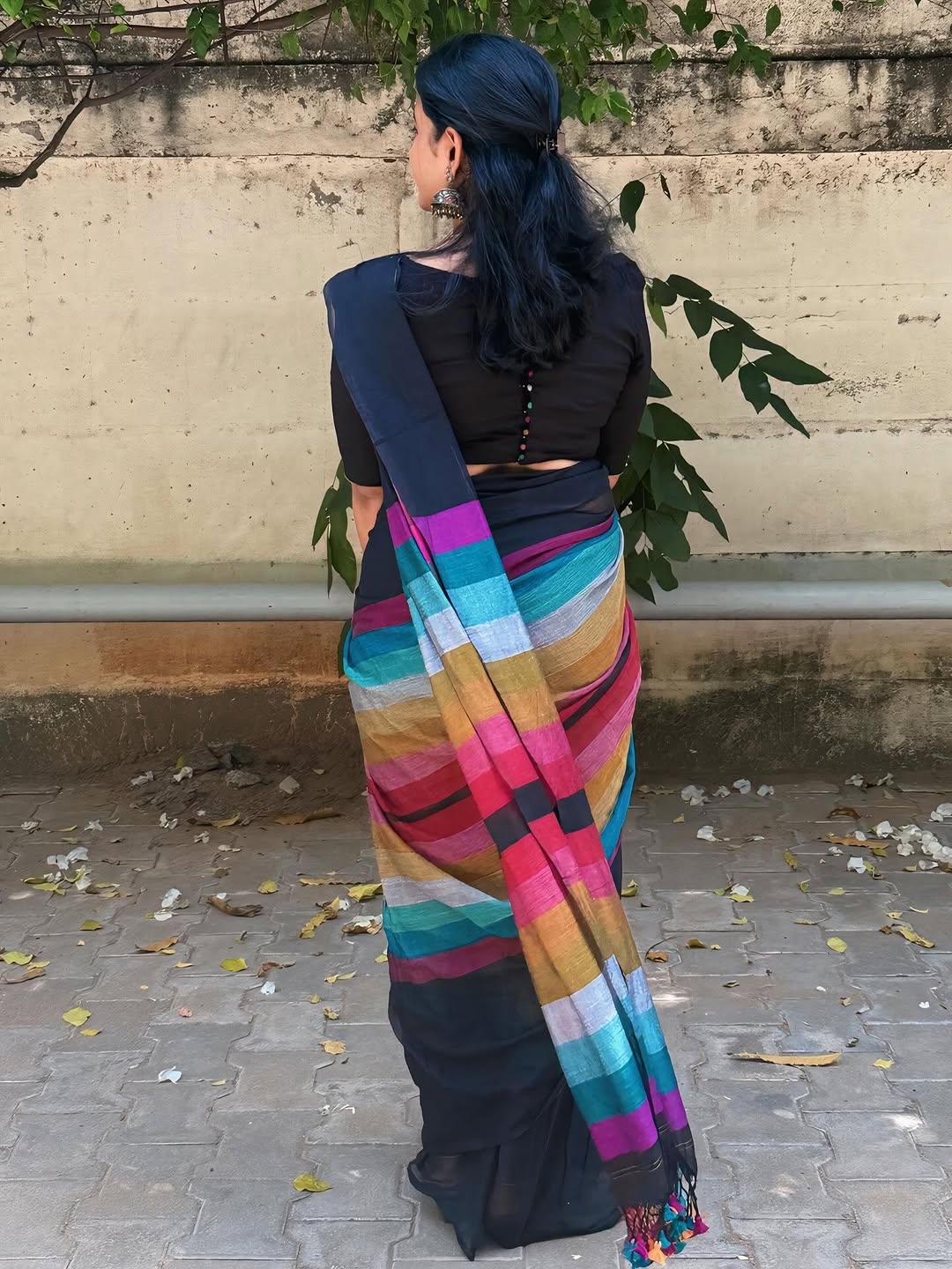 Elegant Black Linen Cotton Saree with Multicolor Stripe Border