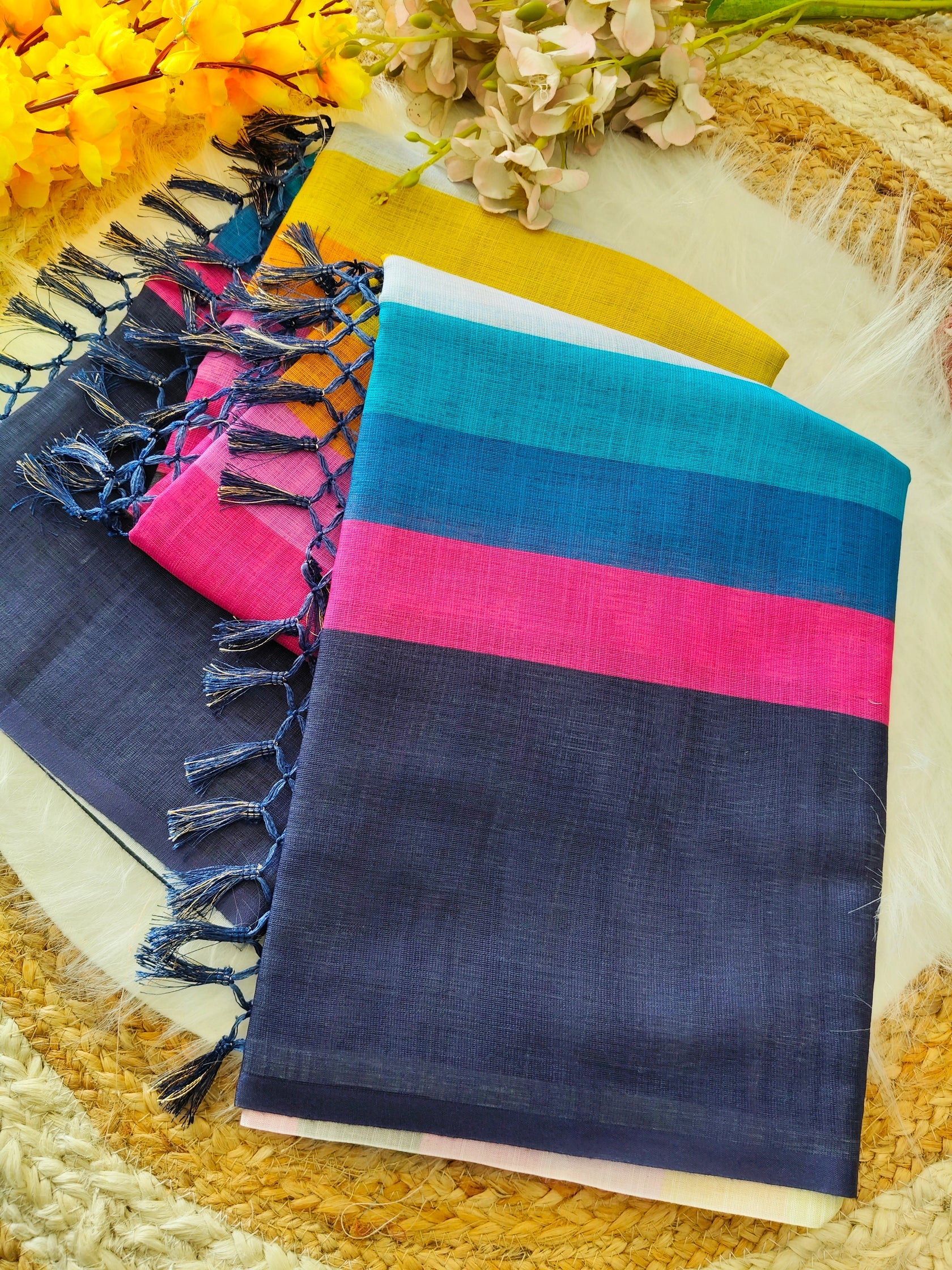 Elegant Black Linen Cotton Saree with Multicolor Stripe Border
