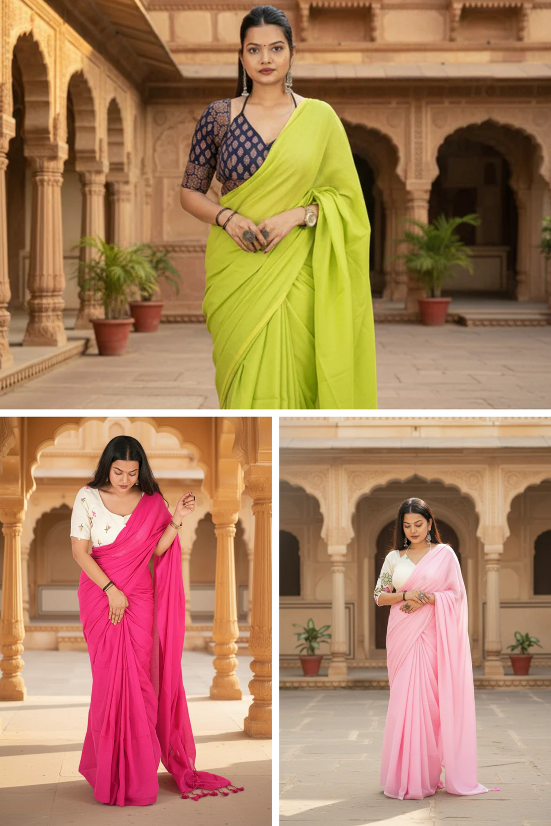 Three women wearing sarees in different colors against a traditional architectural background.