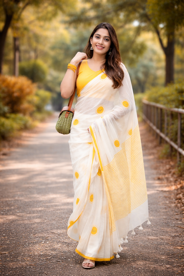 Sunshine Bliss White Linen Cotton Saree with Yellow Motifs