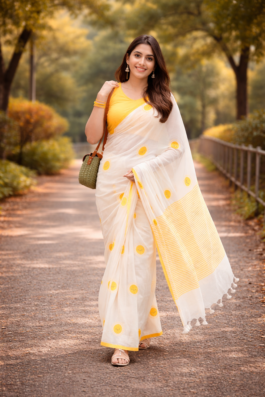 Sunshine Bliss White Linen Cotton Saree with Yellow Motifs