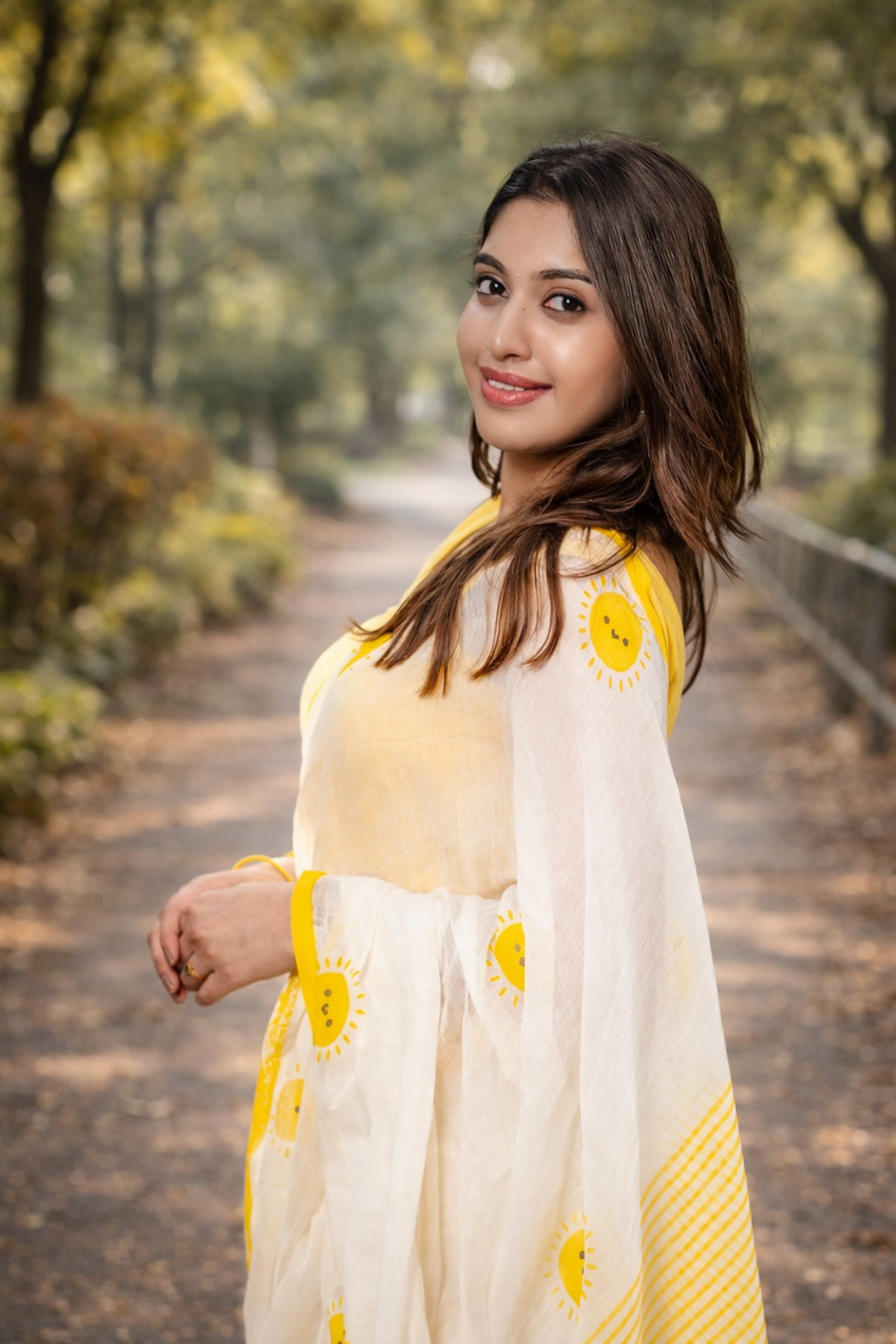 Sunshine Bliss White Linen Cotton Saree with Yellow Motifs