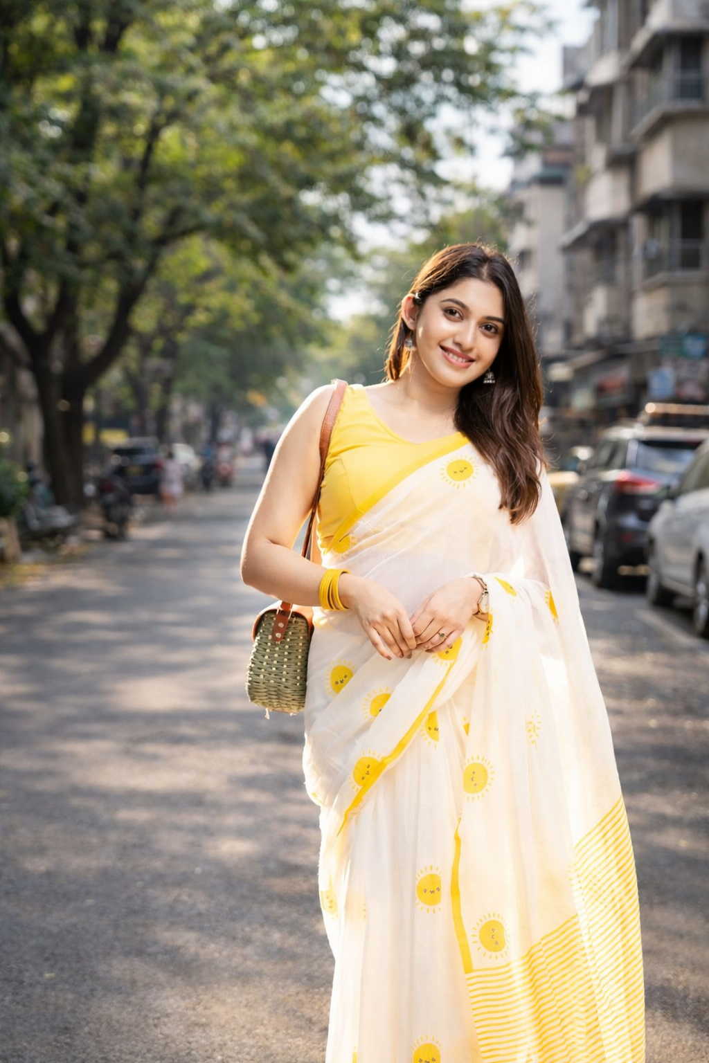 Sunshine Bliss White Linen Cotton Saree with Yellow Motifs