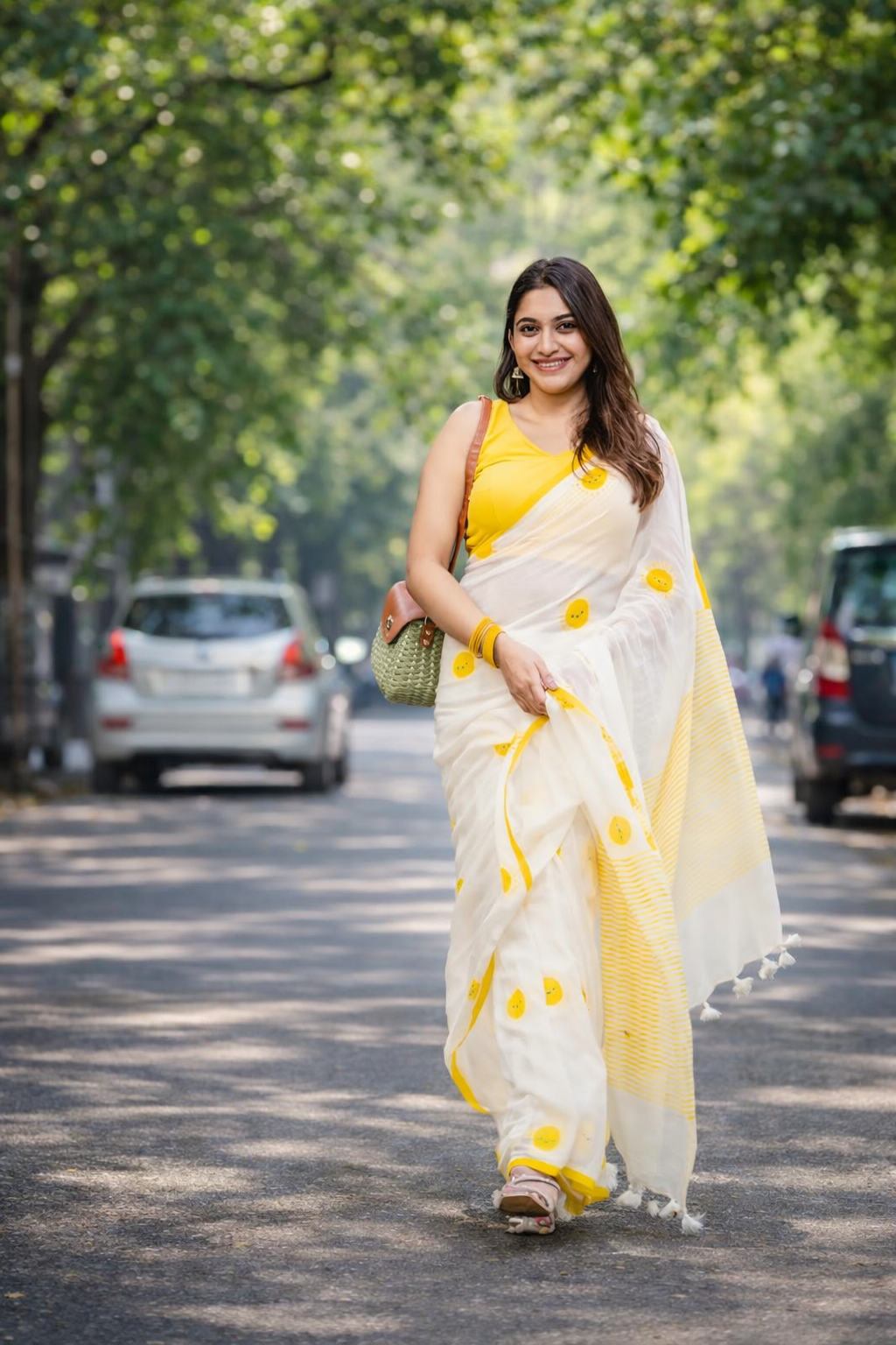 Sunshine Bliss White Linen Cotton Saree with Yellow Motifs