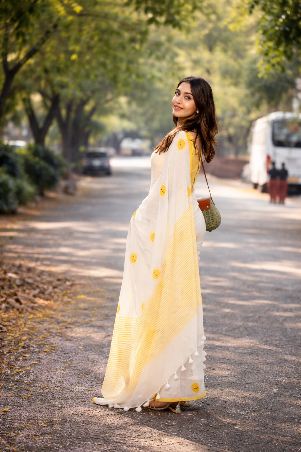 Sunshine Bliss White Linen Cotton Saree with Yellow Motifs