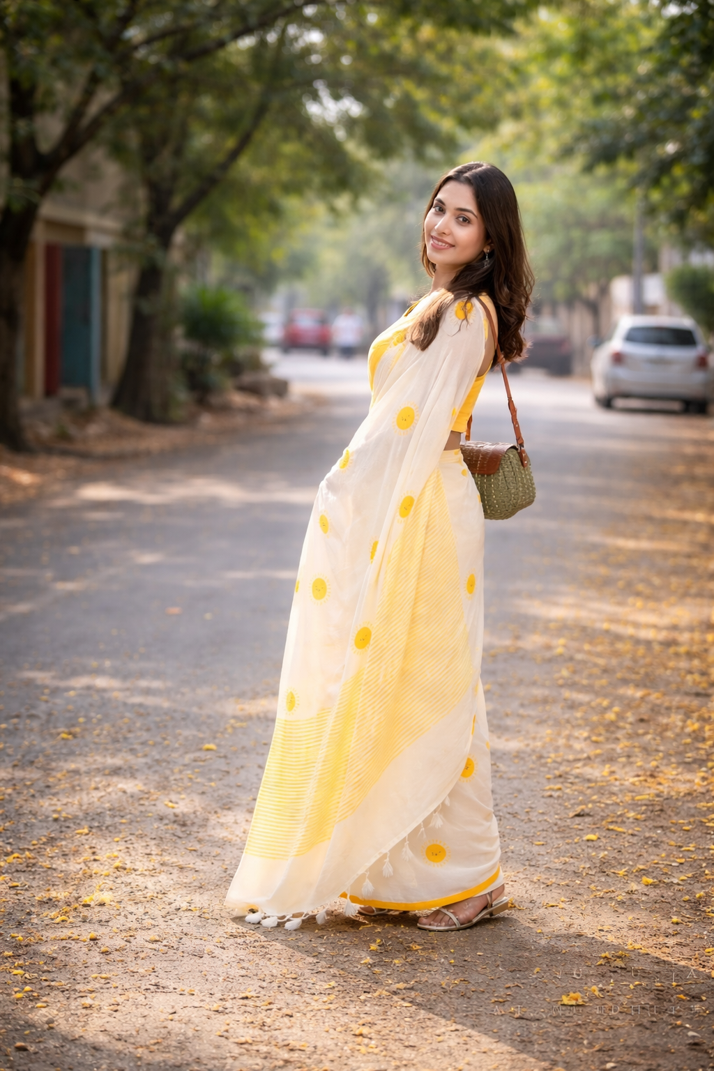 Sunshine Bliss White Linen Cotton Saree with Yellow Motifs