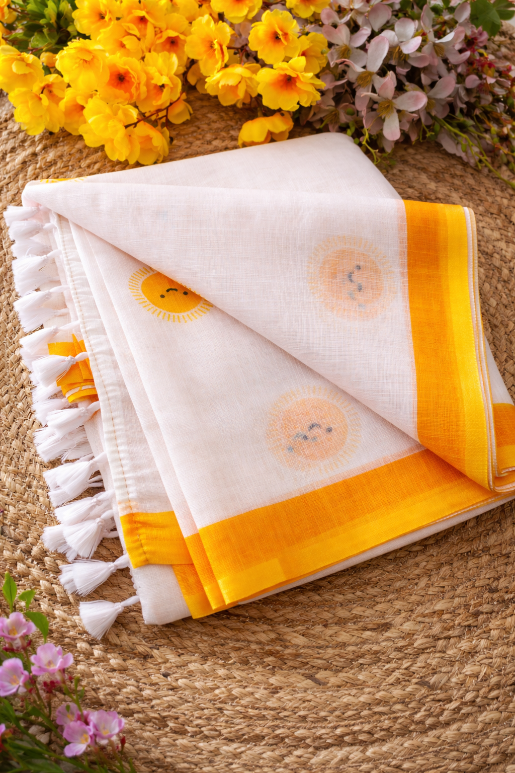 Sunshine Bliss White Linen Cotton Saree with Yellow Motifs
