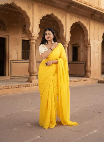 Sunshine Yellow Khadi Cotton Saree with Embroidered & Stitched Blouse