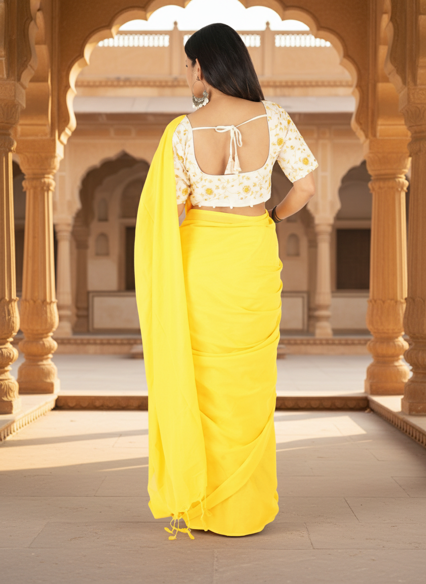 Sunshine Yellow Khadi Cotton Saree with Embroidered & Stitched Blouse