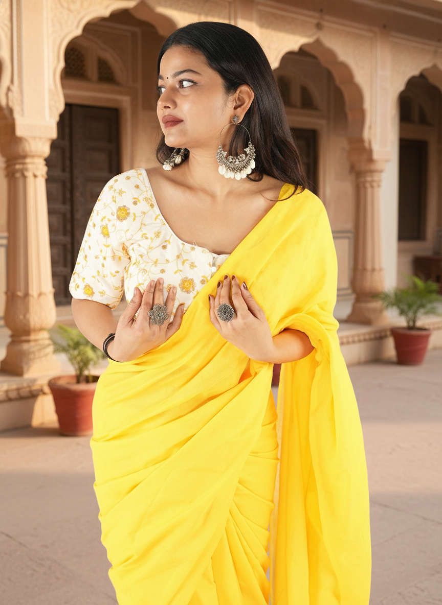 Sunshine Yellow Khadi Cotton Saree with Embroidered & Stitched Blouse