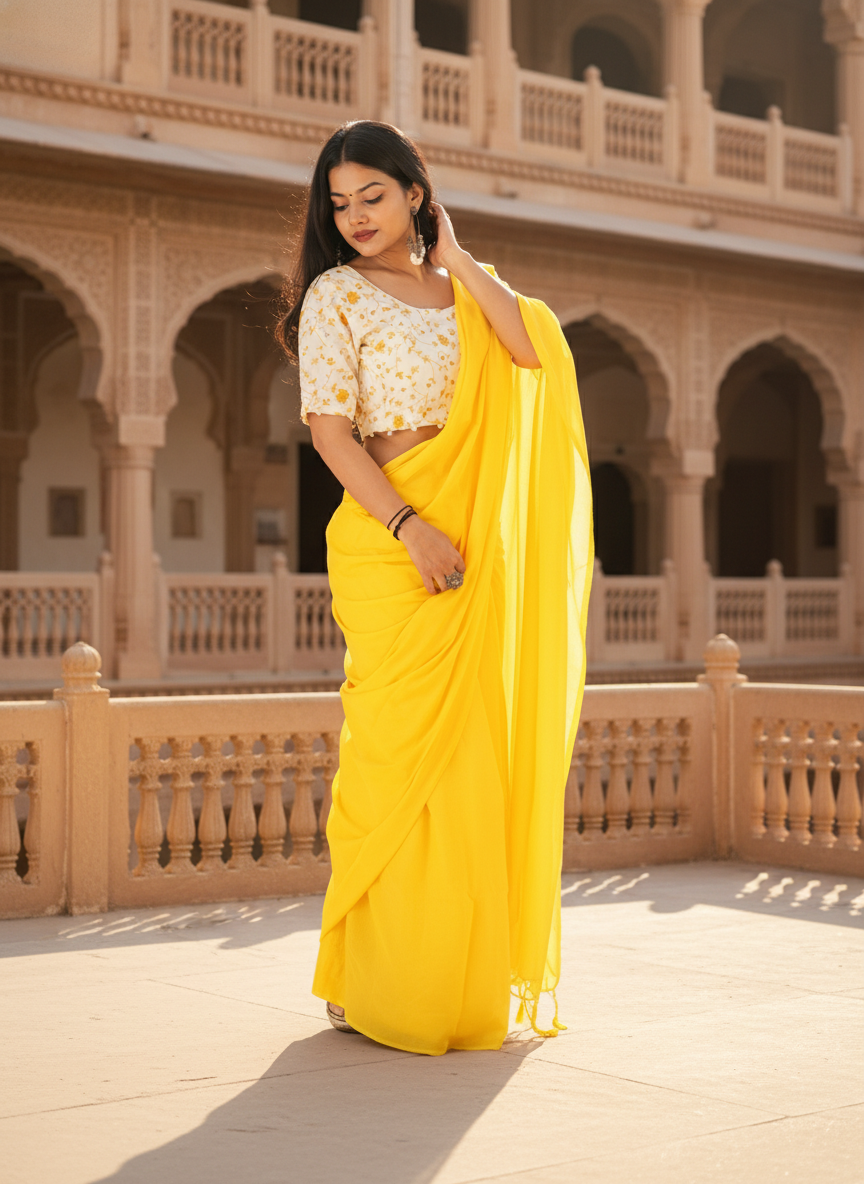Sunshine Yellow Khadi Cotton Saree with Embroidered & Stitched Blouse