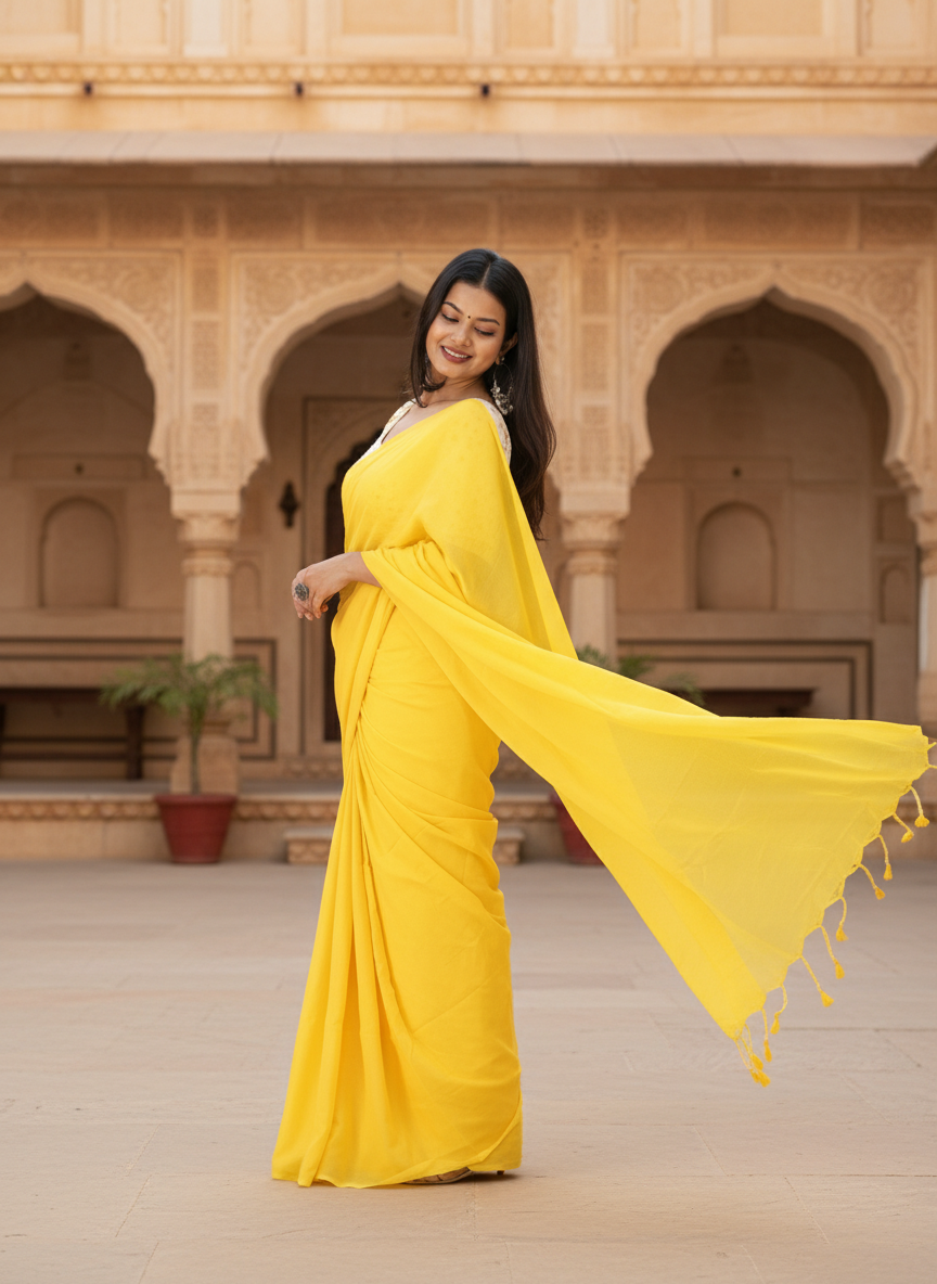 Sunshine Yellow Khadi Cotton Saree with Embroidered & Stitched Blouse