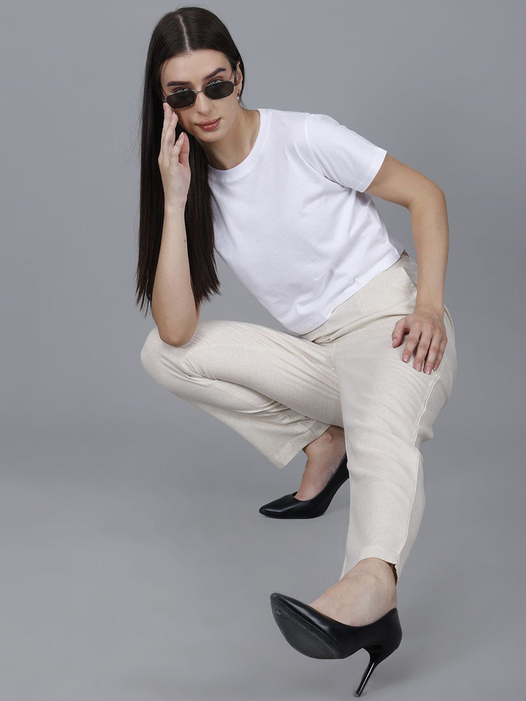 Cream Women Comfort Pleated Trousers