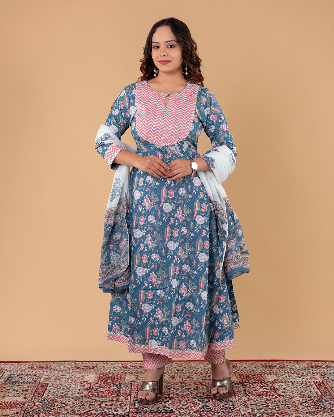 Teal Blue Floral Printed Kurta Set with Chevron Yoke & Dupatta