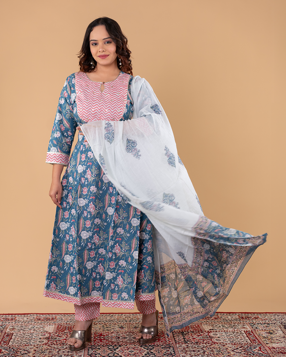 Teal Blue Floral Printed Kurta Set with Chevron Yoke & Dupatta