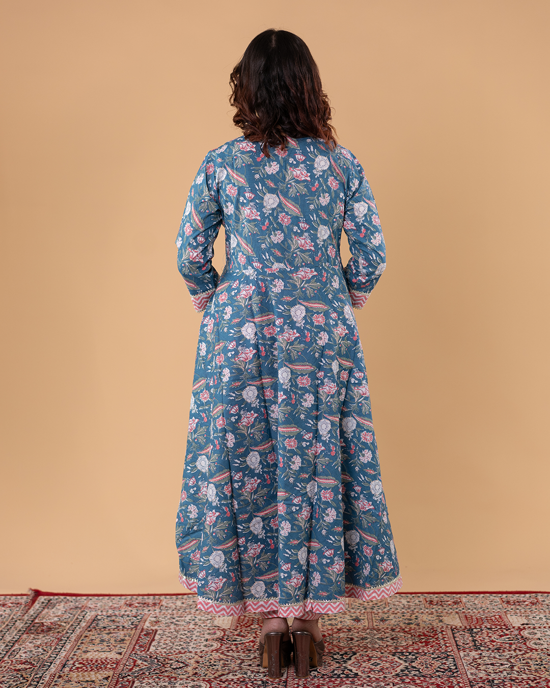 Teal Blue Floral Printed Kurta Set with Chevron Yoke & Dupatta