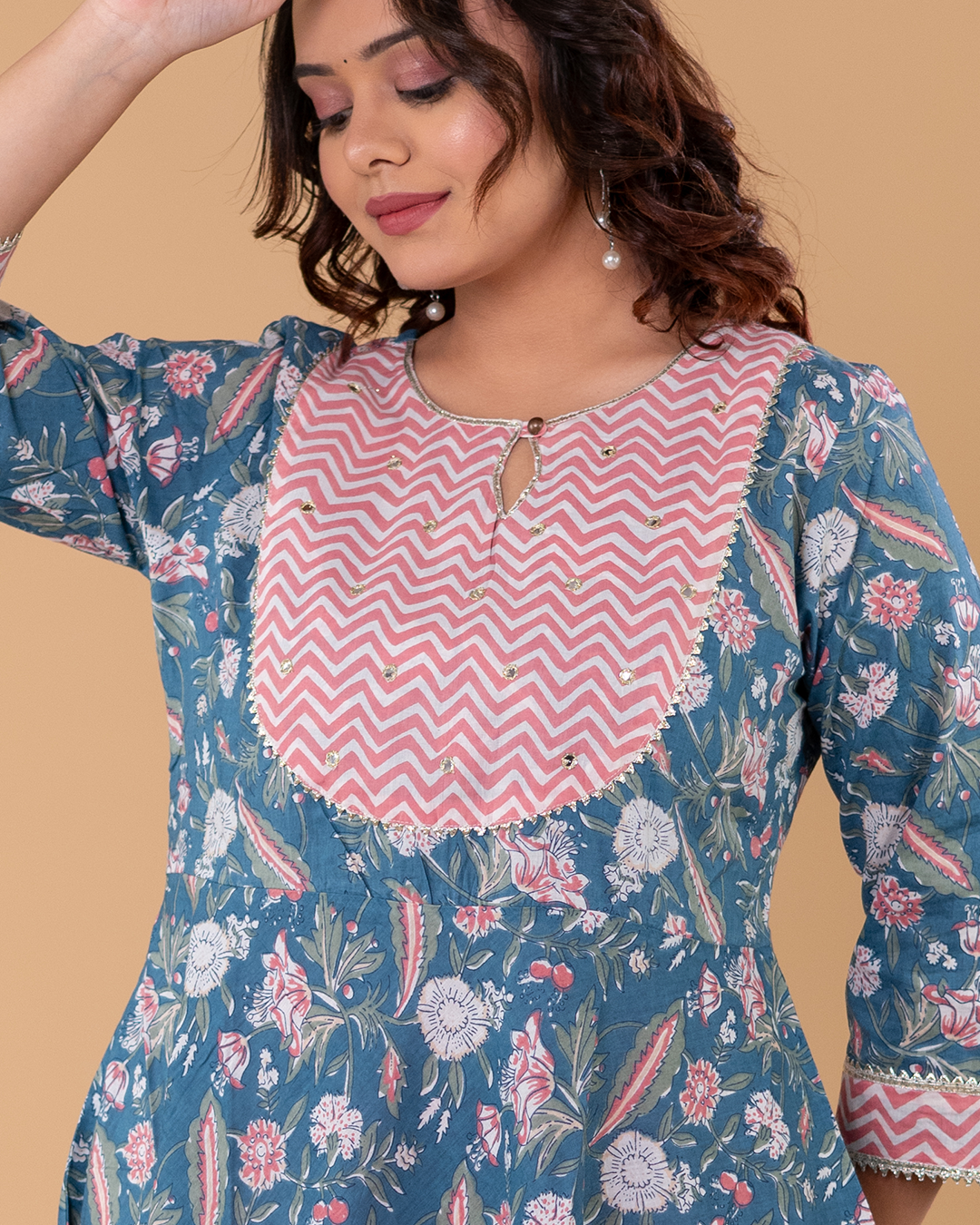 Teal Blue Floral Printed Kurta Set with Chevron Yoke & Dupatta