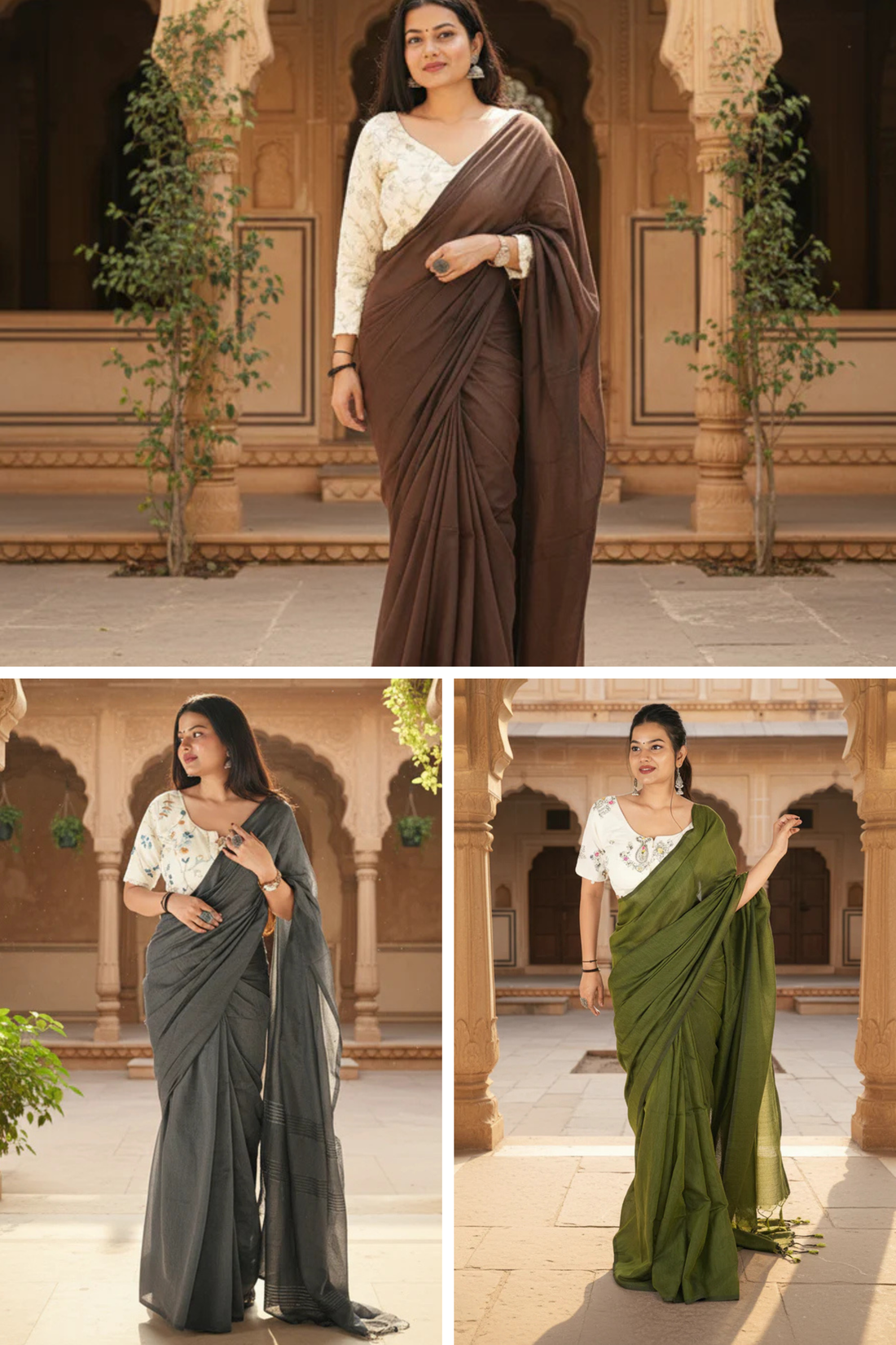 Woman in a brown saree, gray saree, and green saree in an outdoor setting with architectural elements.