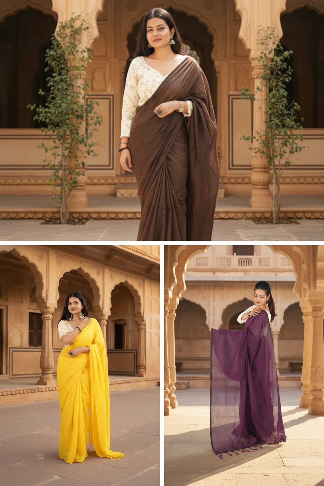 Woman wearing a brown saree, yellow saree, and purple saree in front of architectural background.
