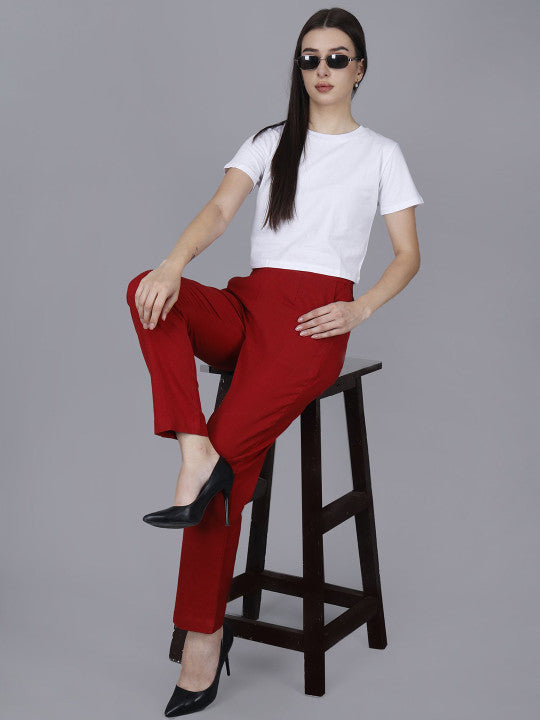 Crimson Red Women Comfort Pleated Trousers