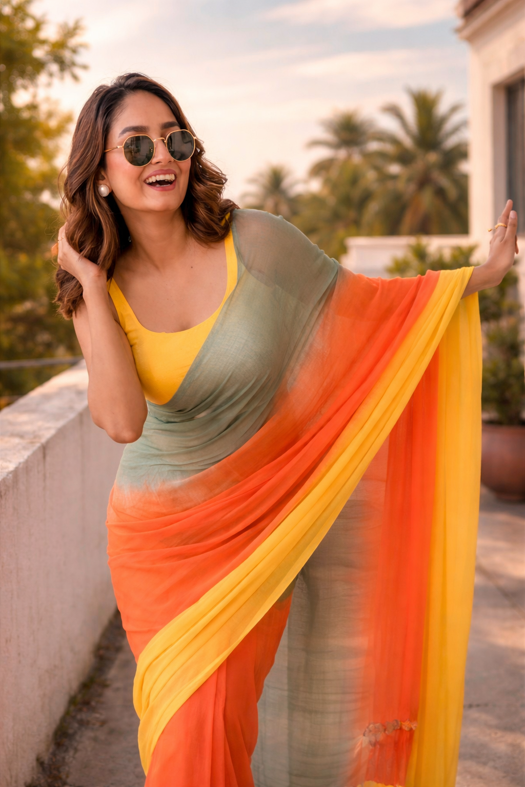 Vibrant Sunset Ombre Saree in Yellow, Orange & Olive Green