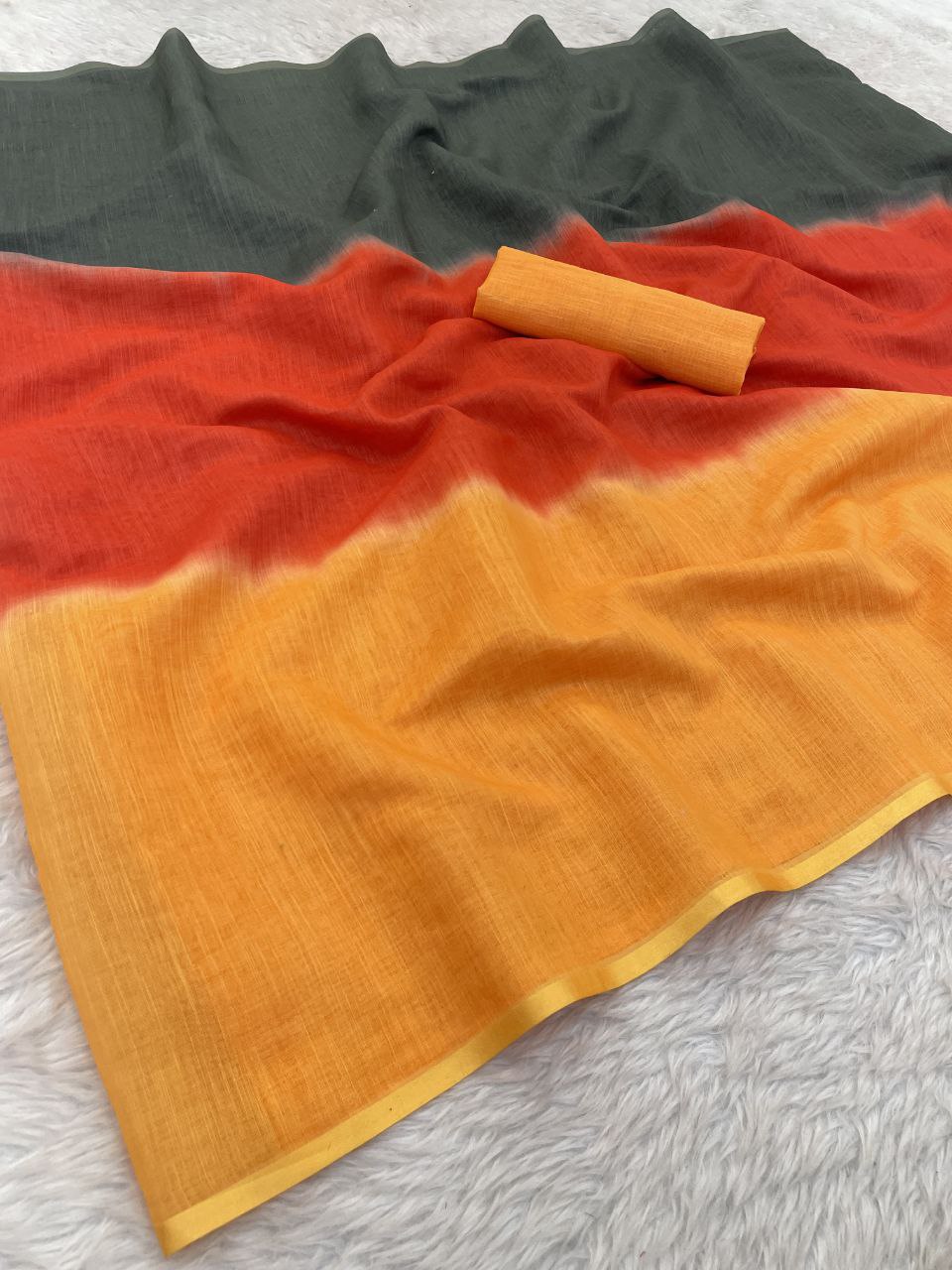 Vibrant Sunset Ombre Saree in Yellow, Orange & Olive Green