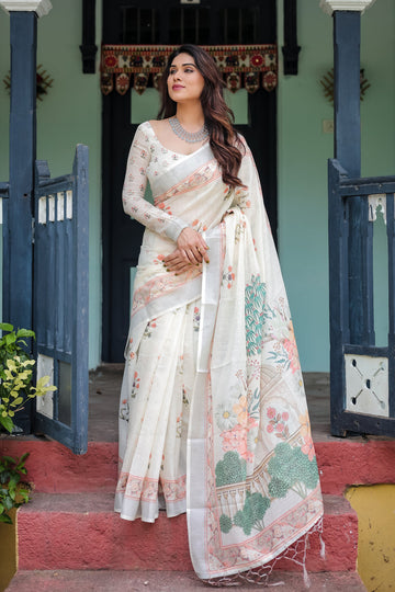 Vintage Garden Print Off-White Linen Cotton Saree
