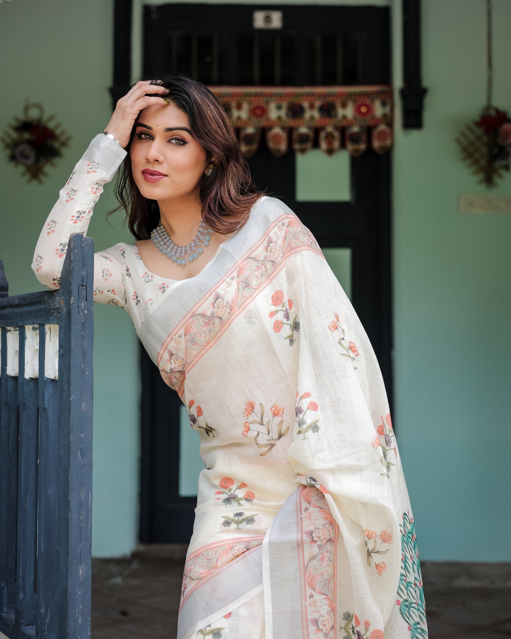Vintage Garden Print Off-White Linen Cotton Saree